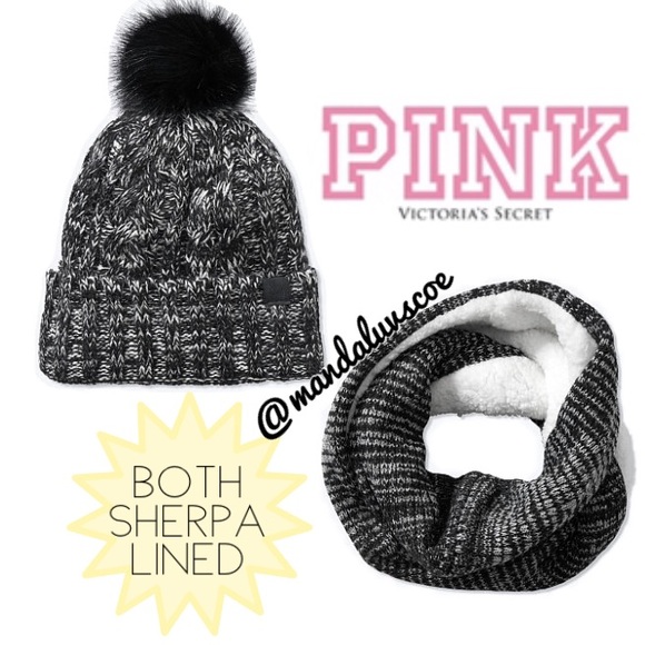 PINK Victoria's Secret Accessories - 💗VS PINK GREY SHERPA LINED BEANIE & SCARF SET